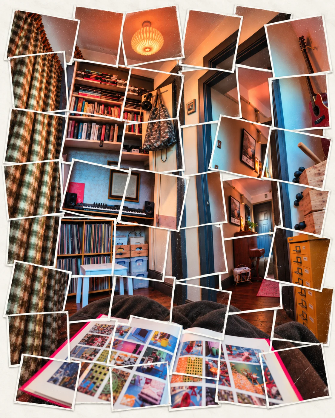 A photograph of a front room assembled from dozens of smaller overlapping prints, so the edges do not quite line up: shelves of paperbacks and DVDs, a keyboard and a monitor speaker below them, a rack of records beside a pale blue stool, a doorway through to a hall with pictures up the wall, a guitar on the right, an orange filing cabinet, and in the foreground an open book of photographs.
